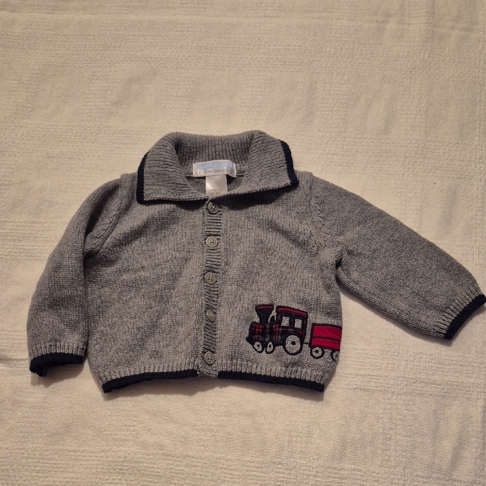 Janie and Jack boys 0-3 months gray cardigan with train applique VGUC 2013